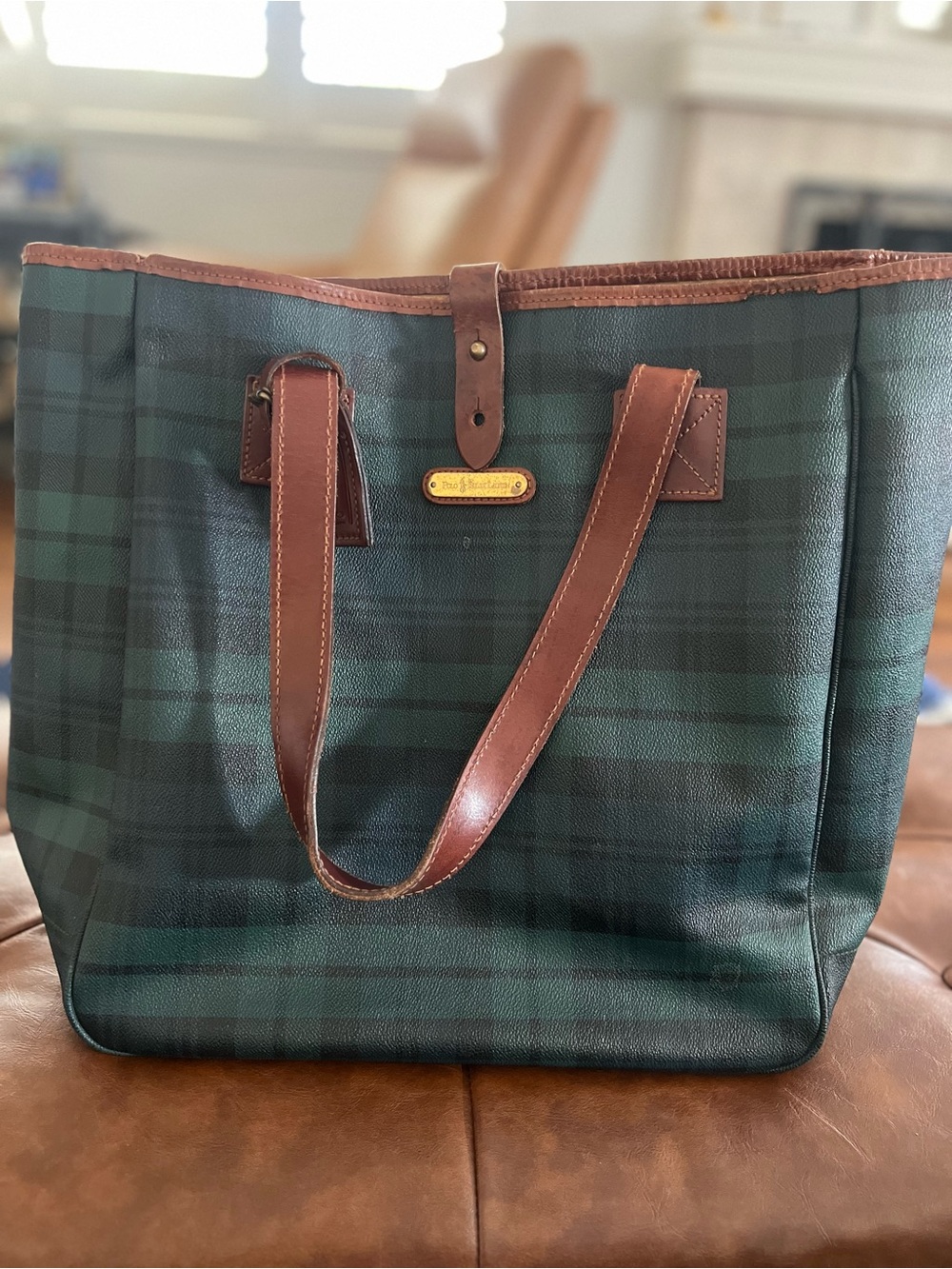 Vintage Ralph Lauren Tan Interior Tote with Brown Leather Trim